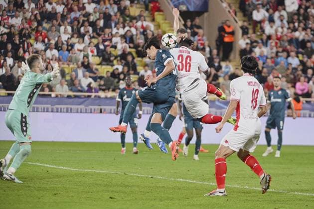 Fußball, CL, AS Monaco - Roter Stern Belgrad Forward EMBOLO Breel (AS Monaco) mark a goal - goal canceled. AS Monaco vs Red Star Belgrade - Crvena Zvezda - UEFA Champions League in Stade Louis II, MONACO, on October 22, 2024. FOOTBALL: C1 - AS Monaco vs Red Star Belgrade - Crvena zvezda - UEFA Champions League - 10 22 24 FredDides Panoramic 