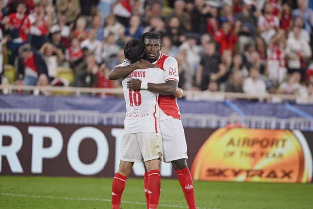 Fußball, CL, AS Monaco - Roter Stern Belgrad Joy of Midfielder MINAMINO Takumi (AS Monaco) and Forward EMBOLO Breel (AS Monaco) after goal. AS Monaco vs Red Star Belgrade - Crvena Zvezda - UEFA Champions League in Stade Louis II, MONACO, on October 22, 2024. FOOTBALL: C1 - AS Monaco vs Red Star Belgrade - Crvena zvezda - UEFA Champions League - 10 22 24 FredDides Panoramic 