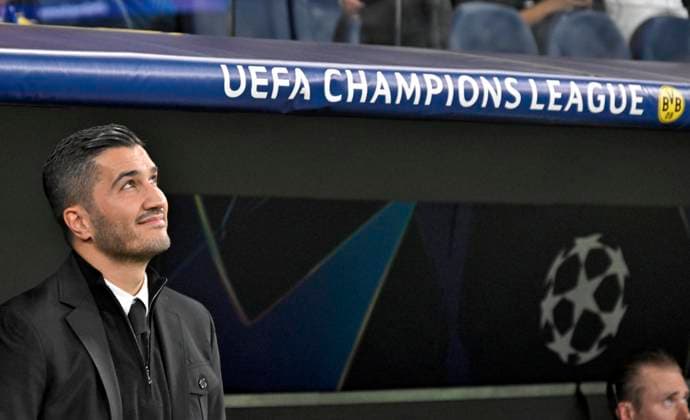 22 10 2024, Football UEFA Champions League 2024 2025, Matchday 3, Real Madrid Borussia Dortmund, at Estadio Santiango Bernabeu in Madrid Spain , Coach Nuri Sahin Borussia Dortmund looks up DFL and DFB regulations prohibit any use of photographs as image sequences and or quasi video