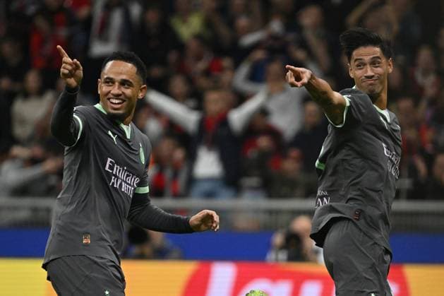 Tijjani Reijnders of A.C. Milan celebrates after scoring the gol of 3-1 during the UEFA Champions League 2024 25 League Phase MD3 match between A.C. Milan and Club Brugge at San Siro Stadium on October 21, 2024 in Milan, Italy.  Copyright: xDomenicoxCippitelli IPAxSportx x xx IPA_50854925 IPA_Agency_IPA50854925
