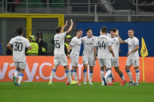 Kyriani Sabbe of Club Brugge celebrates after scoring the gol of 1-1 in action during the UEFA Champions League 2024 25 League Phase MD3 match between A.C. Milan and Club Brugge at San Siro Stadium on October 21, 2024 in Milan, Italy.  Copyright: xDomenicoxCippitelli IPAxSportx x xx IPA_50855098 IPA_Agency_IPA50855098