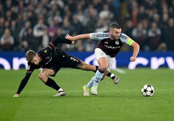 Stefan Posch of Bologna and John McGinn of Aston Villa Aston Villa v Bologna, UEFA Champions League, Group Stage, Football, Villa Park, Birmingham, UK, 22 Oct 2024 EDITORIAL USE ONLY No use with unauthorised audio, video, data, fixture lists, club league logos or live services. Online in-match use limited to 120 images, no video emulation. No use in betting, games or single club league player publications.  Copyright: xAnnaxGowthorpe Shutterstockx 14801595aa