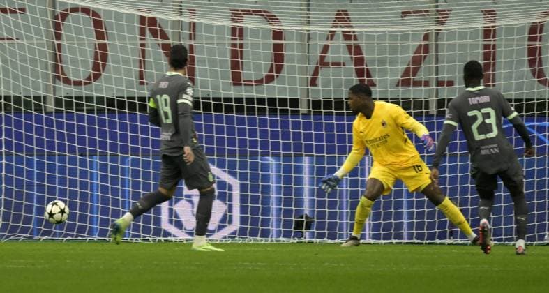 Foto IPP Paolo Bona Milano 22 10 2024 UEFA Champions League di Calcio stagione 2024 2025 partita Milan-Bruges Nella foto Kyriani Sabbe segna il gol del 1-1 Italy Photo Press Worldwide Copyright italy  Copyright: xR4924_italyphotopressx