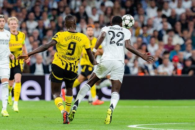 22 10 2024, Real Madrid vs Borussia Dortmund, UEFA Champions League, Matchday 3 Serhou Guirassy Borussia Dortmund, 9 Antonio Rüdiger Real Madrid, 22 Copyright: xBahhoxKarax