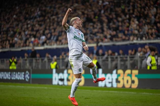 SOCCER - UEFA CL, Sturm vs Sporting KLAGENFURT,AUSTRIA,22.OCT.24 - SOCCER - UEFA Champions League, SK Sturm Graz vs Sporting CP. Image shows the rejoicing of Nuno Santos (Sporting Lissabon).  GEPAxpictures xMatthiasxTrinkl