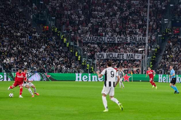 Juventus FC v VfB Stuttgart - UEFA Champions League Fans od VfB Stuttgart in away sector show a banner in support of people hit by severe flooding in Emialia-Romagna region during the UEFA Champions League 2024 25 league phase football match between Juventus FC and VfB Stuttgart. Turin Italy Copyright: xNicolòxCampox
