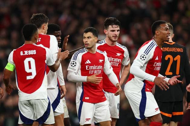 Gabriel Martinelli of Arsenal celebrates after Dmytro Riznyk of Shakhtar Donetsk scored an own goal Arsenal v Shakhtar Donetsk, UEFA Champions League, Group Stage, Football, Emirates Stadium, London, UK, 22 Oct 2024 EDITORIAL USE ONLY No use with unauthorised audio, video, data, fixture lists, club league logos or live services. Online in-match use limited to 120 images, no video emulation. No use in betting, games or single club league player publications.  Copyright: xSimonxDael Shutterstockx 14801590s