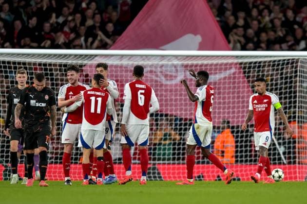 Arsenal FC celebrate Gabriel Martinelli™s goal during the UEFA Champions League match between Arsenal and Shakhtar Donetsk at the Emirates Stadium, London, England on 22 October 2024. Copyright: xPhilxHutchinsonx 42010008