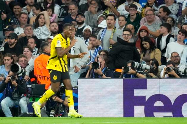 Real Madrid C.F. v Borussia Dortmund - UEFA Champions League 2024 25 League Phase MD3 Jamie Gittens left winger of Borussia Dortmund and England celebrates after scoring his sides first goal during the UEFA Champions League 2024 25 League Phase MD3 match between Real Madrid C.F. and Borussia Dortmund at Estadio Santiago Bernabeu on October 22, 2024 in Madrid, Spain. Madrid Spain  Copyright: xJosexBretonx originalFilename:bretonhernandez-realmadr241022_npatO.jpg