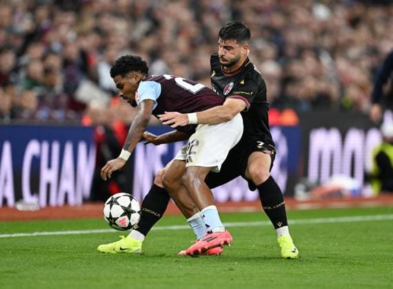 Ian Maatsen of Aston Villa and Riccardo Orsolini of Bologna Aston Villa v Bologna, UEFA Champions League, Group Stage, Football, Villa Park, Birmingham, UK, 22 Oct 2024 EDITORIAL USE ONLY No use with unauthorised audio, video, data, fixture lists, club league logos or live services. Online in-match use limited to 120 images, no video emulation. No use in betting, games or single club league player publications.  Copyright: xAnnaxGowthorpe Shutterstockx 14801595af