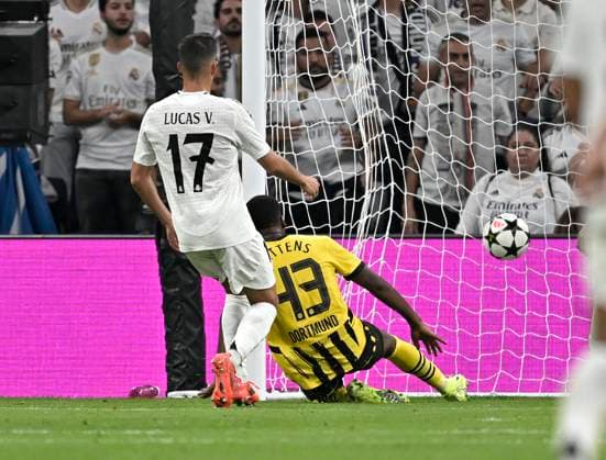 22 10 2024, Football UEFA Champions League 2024 2025, Matchday 3, Real Madrid Borussia Dortmund, at Estadio Santiango Bernabeu in Madrid Spain , Jamie Bynoe Gittens Dortmund scores to 0 2 Lucas Vazquez Real Madrid DFL and DFB regulations prohibit any use of photographs as image sequences and or quasi video
