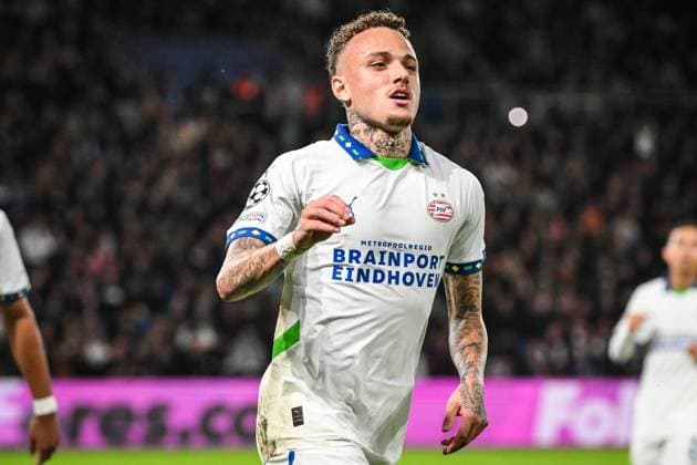 October 22, 2024, Paris, France, France: Noa LANG of PSV Eindhoven celebrates his goal during the UEFA Champions League, League Phase MD3 match between Paris Saint-Germain and PSV Eindhoven at Parc des Princes Stadium on October 22, 2024 in Paris, France. Paris France - ZUMAm308 20241022_zsp_m308_005 Copyright: xMatthieuxMirvillex