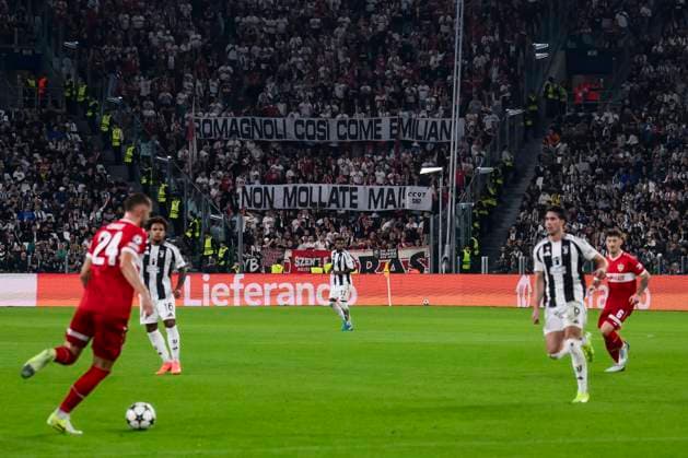 Juventus FC v VfB Stuttgart - UEFA Champions League Fans od VfB Stuttgart in away sector show a banner in support of people hit by severe flooding in Emialia-Romagna region during the UEFA Champions League 2024 25 league phase football match between Juventus FC and VfB Stuttgart. Turin Italy Copyright: xNicolòxCampox