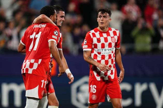 Miguel Gutierrez and Arnaut Danjuma of Girona FC 1-0 celebrating the 1-0 Girona FC v SK Slovan Bratislava. UEFA Champions League match. Date 3. Football, Montilivi Stadium, Girona, Spain - 22 oct 2024 Editorial use only  Copyright: xBaguxBlanco PRESSINPHOTO Shutterstockx 14806043f