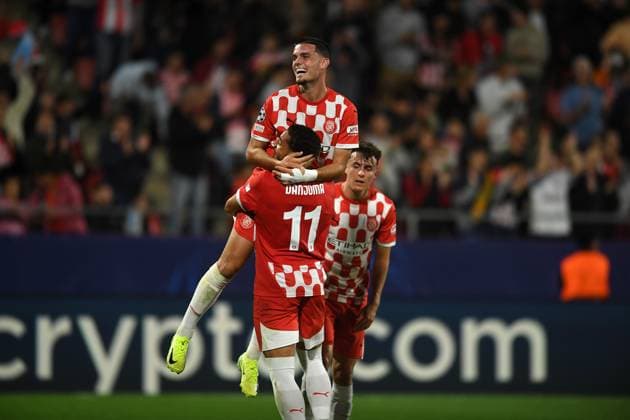 GIRONA FC vs SLOVAN BRATISLAVA Montilivi Municipal Stadium. Girona. Oct 22,2024 GIRONA FC-SLOVAN BRATISLAVA Oct 22,2024 Miguel Gutierrez (3) of Girona FC celebrates scoring his team s first goal with Danjuma during the UEFA Champions League 2024 25 League Phase match between Girona FC and Slovan Bratislava at Montilivi Municipal Stadium in Girona, Spain. Girona ESP Copyright: xS.xRosx