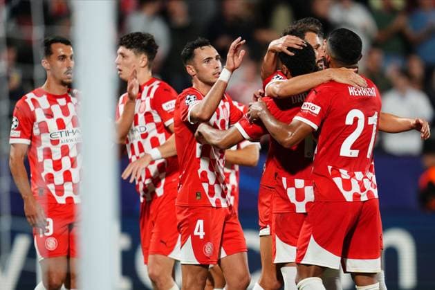 Miguel Gutierrez and Arnaut Danjuma of Girona FC 1-0 celebrating the 1-0 Girona FC v SK Slovan Bratislava. UEFA Champions League match. Date 3. Football, Montilivi Stadium, Girona, Spain - 22 oct 2024 Editorial use only  Copyright: xBaguxBlanco PRESSINPHOTO Shutterstockx 14806043d