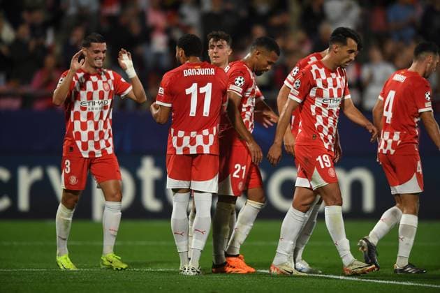 GIRONA FC vs SLOVAN BRATISLAVA Montilivi Municipal Stadium. Girona. Oct 22,2024 GIRONA FC-SLOVAN BRATISLAVA Oct 22,2024 Miguel Gutierrez (3) of Girona FC celebrates scoring his team s first goal with teammates during the UEFA Champions League 2024 25 League Phase match between Girona FC and Slovan Bratislava at Montilivi Municipal Stadium in Girona, Spain. Girona ESP Copyright: xS.xRosx