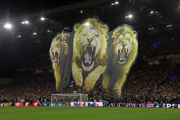 The Holte End with roaring lions at the Aston Villa v Bologna UEFA Champions League match, at Villa Park, Birmingham, UK on 22nd October, 2024. 
