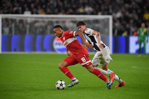 Jamie Leweling VfB Stuttgart and Nicolo Savona Juventus FC during UEFA Champions League 2024 25 League Phase - football match between Juventus FC and VfB Stoccarda at Allianz Stadium Turin Italy - 22 October 2024 - & xA;ph Giuliano Marchisciano during Juventus FC vs VfB Stuttgart, UEFA Champions League football match in Turin, Italy, October 22 2024  Copyright: xGiulianoxMarchisciano IPAxSportx xx IPA_50856897 IPA_Agency_IPA50856897