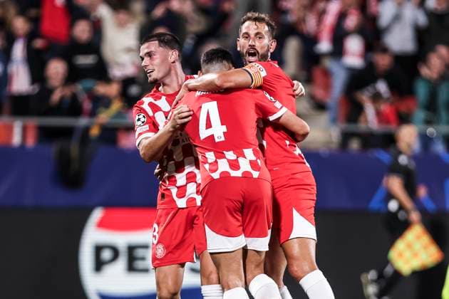 October 22, 2024, Girona, Girona, SPAIN: Miguel Gutierrez of Girona FC celebrates a goal with Cristhian Stuani during the UEFA Champions League, football match played between Girona FC and SK Slovan Bratislava at Estadio de Montilivi on October 22, 2024 in Girona, Spain. Girona SPAIN - ZUMAa181 20241022_zaa_a181_117 Copyright: xJavierxBorregox