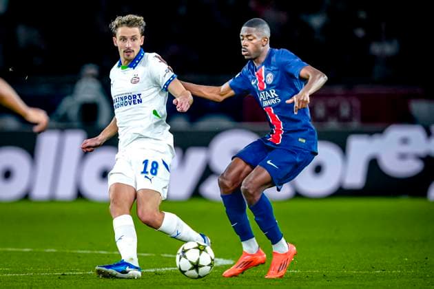 PSV Eindhoven defender Olivier Boscagli, Paris Saint Germain forwarder Ousmane Dembele, during the match Paris PSV at the Parc des Princes Stadium for the UEFA Champions League phase Matchday 3 season 2023 2024 in PARIS, France on 22 oktober 2024 photo by Geert van Erven EYE4images DeFodi Images not used in POL SRB CRO FRA GBR NED ITA USA Defodi 746 196549 Defodi-746 not used in POL SRB CRO FRA GBR NED ITA USA