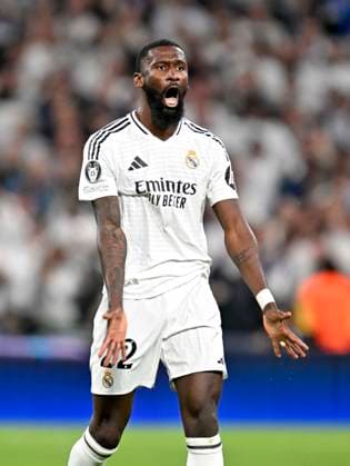 22 10 2024, Football UEFA Champions League 2024 2025, Matchday 3, Real Madrid Borussia Dortmund, at Estadio Santiango Bernabeu in Madrid Spain , Antonio Rüdiger Real Madrid in Rage DFL and DFB regulations prohibit any use of photographs as image sequences and or quasi video