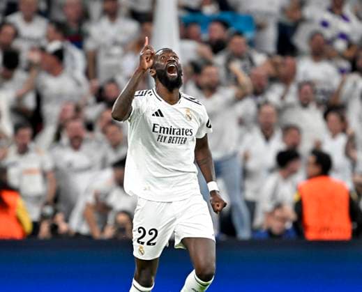 22 10 2024, Football UEFA Champions League 2024 2025, Matchday 3, Real Madrid Borussia Dortmund, at Estadio Santiango Bernabeu in Madrid Spain , Antonio Rüdiger Real Madrid cheers DFL and DFB regulations prohibit any use of photographs as image sequences and or quasi video