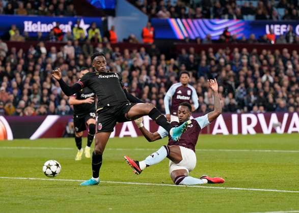 Birmingham, England, 22nd October 2024. Aston Villa s Jhon Duran scores their second goal during the UEFA Champions League match at Villa Park, Birmingham. Picture credit should read: Andrew Yates Sportimage EDITORIAL USE ONLY. No use with unauthorised audio, video, data, fixture lists, club league logos or live services. Online in-match use limited to 120 images, no video emulation. No use in betting, games or single club league player publications. SPI-3403-0047
