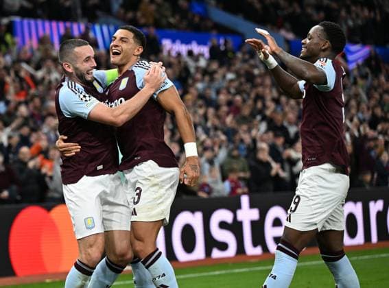 John McGinn of Aston Villa celebrates with Diego Carlos of Aston Villa after scoring the team s first goal Aston Villa v Bologna, UEFA Champions League, Group Stage, Football, Villa Park, Birmingham, UK, 22 Oct 2024 EDITORIAL USE ONLY No use with unauthorised audio, video, data, fixture lists, club league logos or live services. Online in-match use limited to 120 images, no video emulation. No use in betting, games or single club league player publications. Copyright: xAnnaxGowthorpe Shutterstockx 14801595ap