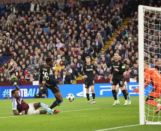 Jhon Duran (AV) scoring the second Villa goal (2-0) at the Aston Villa v Bologna UEFA Champions League match, at Villa Park, Birmingham, UK on 22nd October, 2024. 