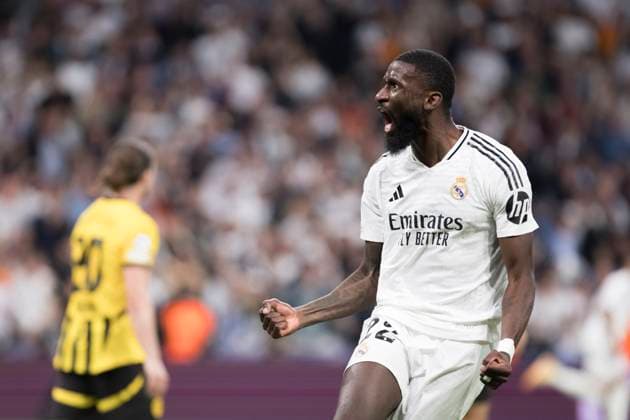 UEFA champions league - Real Madrid vs Borussia Dortmund MADRID, SPAIN - October 22: Antonio Rudiger of Real Madrid celebrates a goal during the UEFA champions league 2024 25 match between Real Madrid and Borussia Dortmund at Santiago Bernabeu Stadium. (Photo by Guillermo Martinez) Madrid Santiago BernabÃ u Stadium Spain Copyright: xGuillermoxMartinezx