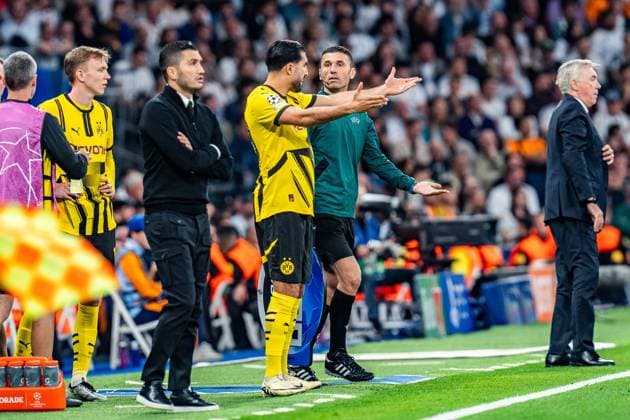 22 10 2024, Real Madrid vs Borussia Dortmund, UEFA Champions League, matchday 3 Nuri Sahin Borussia Dortmund, coach is dissatisfied, unhappy, as is Emre Can Borussia Dortmund, 23 before his substitution Copyright: xBahhoxKarax