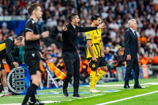22 10 2024, Real Madrid vs Borussia Dortmund, UEFA Champions League, Matchday 3 Nuri Sahin Borussia Dortmund, coach is unhappy, unhappy, as is Emre Can Borussia Dortmund, 23 before his substitution Copyright: xBahhoxKarax