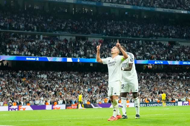 Real Madrid C.F. v Borussia Dortmund - UEFA Champions League 2024 25 League Phase MD3 Lucas Vazquez right winger of Real Madrid and Spain celebrates after scoring his sides first goal during the UEFA Champions League 2024 25 League Phase MD3 match between Real Madrid C.F. and Borussia Dortmund at Estadio Santiago Bernabeu on October 22, 2024 in Madrid, Spain. Madrid Spain  Copyright: xJosexBretonx originalFilename:bretonhernandez-realmadr241022_nphPV.jpg
