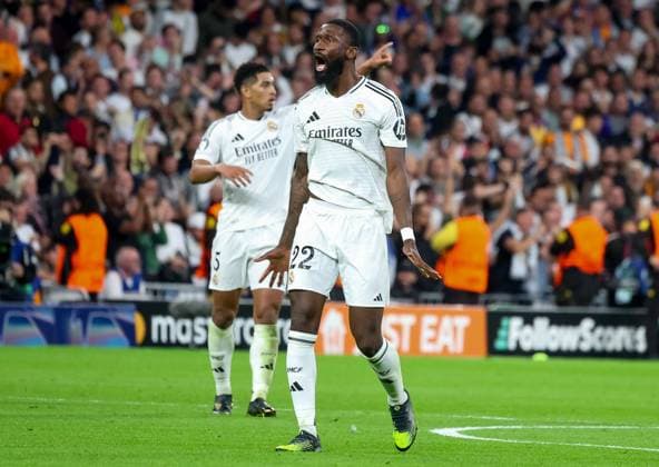 Goal for 1 2 by Antonio Ruediger Madrid 22 , ESP, Real Madrid vs Borussia Dortmund, Football, Champions League, Matchday 3, 2024 2025 season, 22 10 2024 ESP, Real Madrid vs Borussia Dortmund, Football, Champions League, Matchday 3, 2024 2025 season, 22 10 2024 Madrid Copyright: xEibner-Pressefoto JoergxNiebergax EP_JNL
