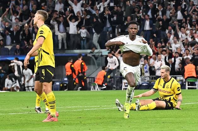Madrid, Estadio Santiago Bernabeu, 22 10 24, GER, Men, UEFA Champions League, Season 2024 2025, Real Madrid Borussia Dortmund Picture VINICIUS JUNIOR Real Madrid cheers after his goal for 4 2 Only for editorial use UEFA regulations prohibit any use of photographs as image sequences and or quasi video Spain