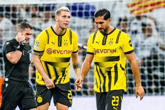 Sport Themen der Woche KW43 Sport Bilder des Tages 22.10.2024, Real Madrid vs. Borussia Dortmund, UEFA Champions League, 3. Spieltag Emre Can (Borussia Dortmund, 23) nach dem Tor zum 4:2 durch Vinicius Junior (Real Madrid, 7) mit Niklas Süle (Borussia Dortmund, 25) *** 22 10 2024, Real Madrid vs Borussia Dortmund, UEFA Champions League, Matchday 3 Emre Can Borussia Dortmund, 23 after Vinicius Juniors goal to make it 4 2 Real Madrid, 7 with Niklas Süle Borussia Dortmund, 25 Copyright: xBahhoxKarax