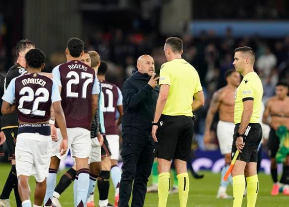 Birmingham, England, 22nd October 2024. Bologna™s head coach Vincenzo Italiano rages with the referee during the UEFA Champions League match at Villa Park, Birmingham. Picture credit should read: Andrew Yates Sportimage EDITORIAL USE ONLY. No use with unauthorised audio, video, data, fixture lists, club league logos or live services. Online in-match use limited to 120 images, no video emulation. No use in betting, games or single club league player publications. SPI-3403-0054