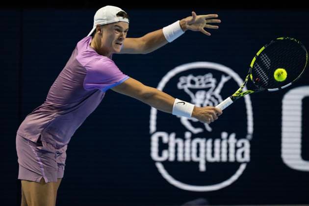 22nd October 2024; St. Jakobshalle, Basel, Switzerland; ATP, Tennis Herren 500 Swiss Indoors Basel Tennis, Day 2; Holger Rune (DEN) in action against Nicolas Jarry (CHI) in the first round  ActionPlus12706164 DavidxEmm
