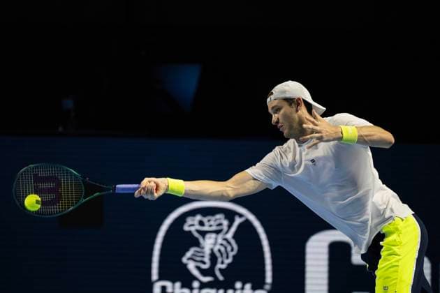 22nd October 2024; St. Jakobshalle, Basel, Switzerland; ATP, Tennis Herren 500 Swiss Indoors Basel Tennis, Day 2; Nicolas Jarry (CHI) in action against Holger Rune (DEN) in the first round  ActionPlus12706166 DavidxEmm