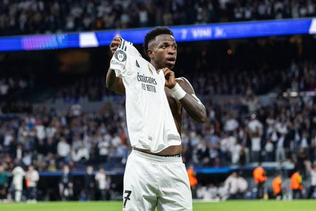 Real Madrid CF v Borussia Dortmund - LaLiga EA Sports MADRID, SPAIN, OCTOBER 22: Vinicius Junior of Real Madrid CF celebrating after scoring his second goal of the match during the UEFA Champions League match between Real Madrid CF and Borussia Dortmund at Estadio Santiago Bernabeu on October 22, 2024 in Madrid, Spain. Madrid Estadio Santiago Bernabeu Madrid Spain Copyright: xAlexxPerezx RealMadridDortmund22OCT055