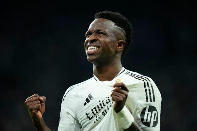 Real Madrid C.F. v Borussia Dortmund - UEFA Champions League 2024 25 League Phase MD3 Vinicius Junior left winger of Real Madrid and Brazil celebrates after scoring his sides third goal during the UEFA Champions League 2024 25 League Phase MD3 match between Real Madrid C.F. and Borussia Dortmund at Estadio Santiago Bernabeu on October 22, 2024 in Madrid, Spain. Madrid Spain  Copyright: xJosexBretonx originalFilename:bretonhernandez-realmadr241022_np2i0.jpg