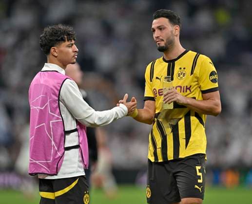 22 10 2024, Football UEFA Champions League 2024 2025, Matchday 3, Real Madrid Borussia Dortmund, at Estadio Santiango Bernabeu in Madrid Spain , Ramy Bensebaini Borussia Dortmund is disappointed DFL and DFB regulations prohibit any use of photographs as image sequences and or quasi video