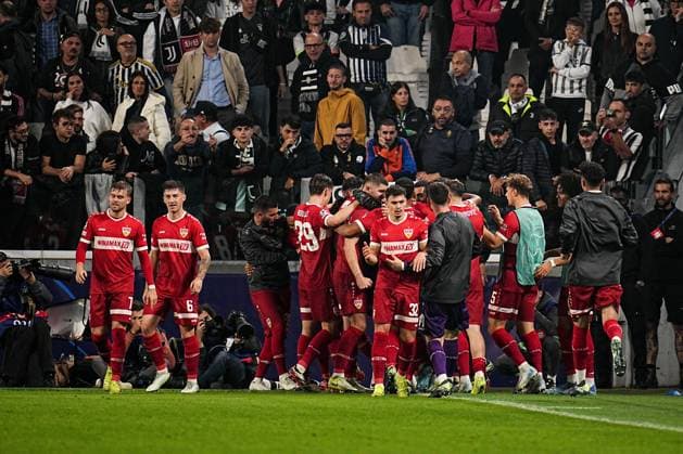 Stuttgart s El Bilal Tour& xe9; celebrates after scoring the 1-0 goal for his team during the Uefa Champions League soccer match, between Juventus and Stuttgart at the Allianz Stadium in Turin, north west Italy - Tuesday, October 22, 2024. - Soccer  Copyright: xMarcoxAlpozzi LaPressex