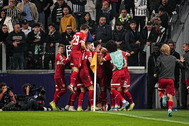 Stuttgart s El Bilal Tour& xe9; celebrates after scoring the 1-0 goal for his team during the Uefa Champions League soccer match, between Juventus and Stuttgart at the Allianz Stadium in Turin, north west Italy - Tuesday, October 22, 2024. - Soccer  Copyright: xMarcoxAlpozzi LaPressex