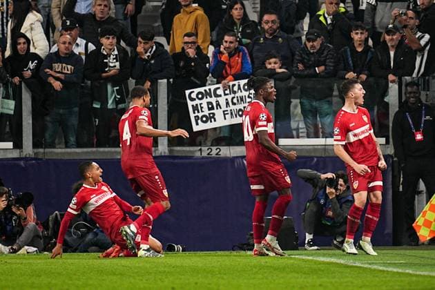 Stuttgart s El Bilal Tour& xe9; celebrates after scoring the 1-0 goal for his team during the Uefa Champions League soccer match, between Juventus and Stuttgart at the Allianz Stadium in Turin, north west Italy - Tuesday, October 22, 2024. - Soccer  Copyright: xMarcoxAlpozzi LaPressex