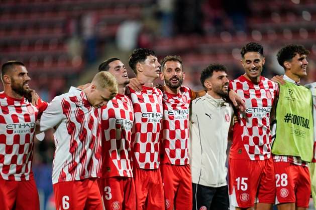 ESP: Girona FC v SK Slovan Bratislava. UEFA Champions League match. Date 3 Girona FC players celebrating at full time during the UEFA Champions League match, date 3 between Girona FC and SK Slovan Bratislava played at Montilivi Stadium on October 22, 2024 in Girona, Spain. kpng Copyright: xSergioxRuizx xImagox PS_241022_GIR_SLO_050
