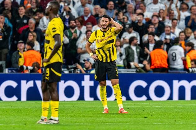 22 10 2024, Real Madrid v Borussia Dortmund, UEFA Champions League, Matchday 3 Sadness and disappointment at Ramy Bensebaini Borussia Dortmund, 5 Serhou Guirassy Borussia Dortmund, 9 Copyright: xBahhoxKarax