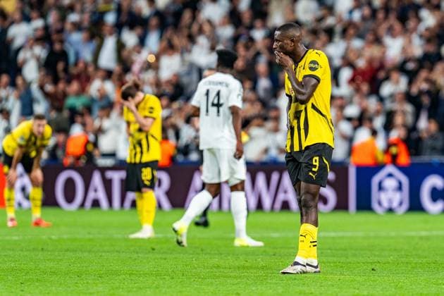 22 10 2024, Real Madrid vs Borussia Dortmund, UEFA Champions League, Matchday 3 Sadness and disappointment for Nico Schlotterbeck Borussia Dortmund, 4 Marcel Sabitzer Borussia Dortmund, 20 Serhou Guirassy Borussia Dortmund, 9 , Copyright: xBahhoxKarax