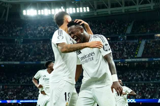 Real Madrid C.F. v Borussia Dortmund - UEFA Champions League 2024 25 League Phase MD3 Vinicius Junior left winger of Real Madrid and Brazil celebrates after scoring his sides third goal during the UEFA Champions League 2024 25 League Phase MD3 match between Real Madrid C.F. and Borussia Dortmund at Estadio Santiago Bernabeu on October 22, 2024 in Madrid, Spain. Madrid Spain  Copyright: xJosexBretonx originalFilename:bretonhernandez-realmadr241022_npXNU.jpg